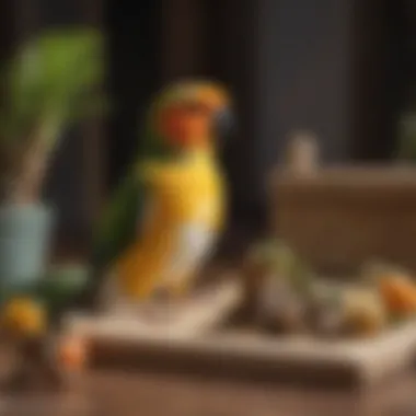 An owner observing a caique interacting with puzzle toys