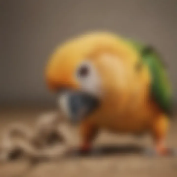 Close-up of a caique playing with a rope toy