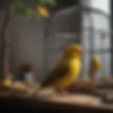 Ideal Habitat for Canaries A beautifully decorated canary cage with natural elements