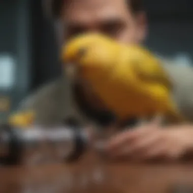 A veterinarian examining a canary