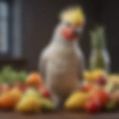 Healthy cockatiel enjoying a diverse array of fresh fruits and vegetables.