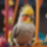 Cockatiel perched on a colorful play gym, displaying vibrant feathers.