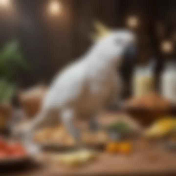 Cockatoo enjoying a balanced meal with various food items