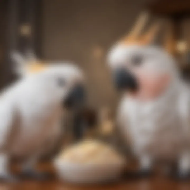 Cockatoo interacting with its owner during feeding time