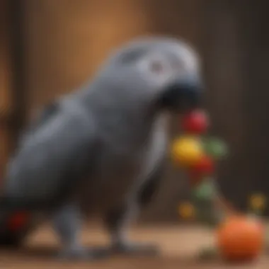 Congo African Grey parrot engaging in playful behavior with toys