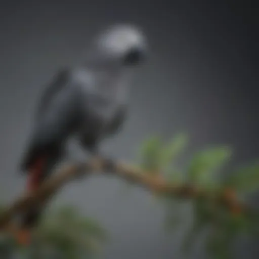 Congo African Grey parrot perched on a branch, showcasing its vibrant plumage