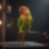 A vibrant conure perched on a training stand, showcasing its colors.