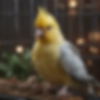 Enrichment items inside a cockatiel cage