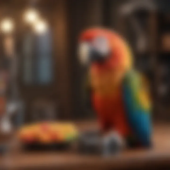 Close-up of a macaw enjoying a specially designed toy