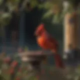 Vibrant red cardinal perched beside a feeder filled with seeds.