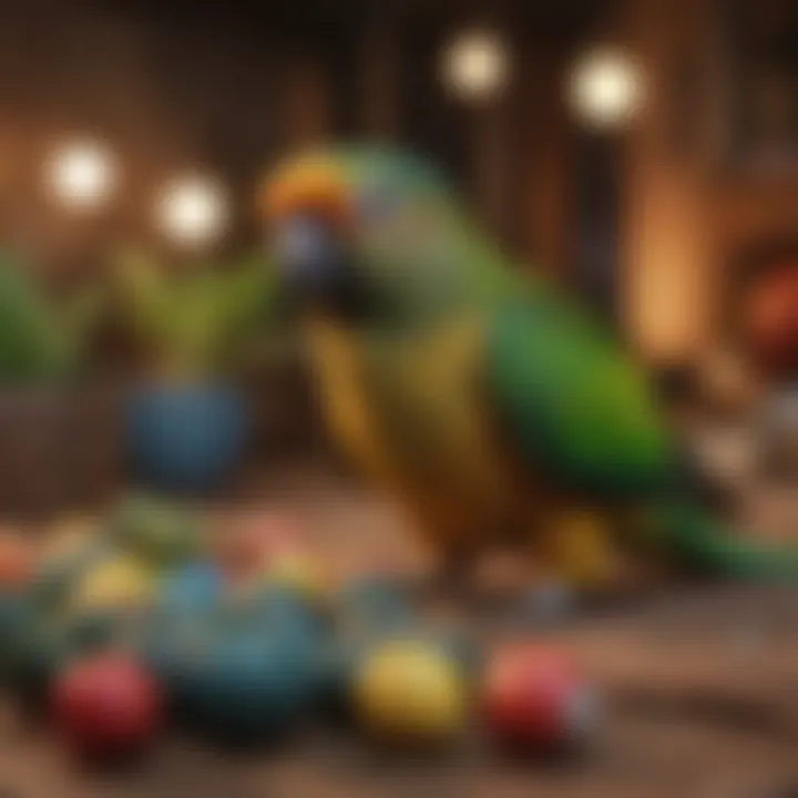 Green cheek conure playing with toys in a cozy environment