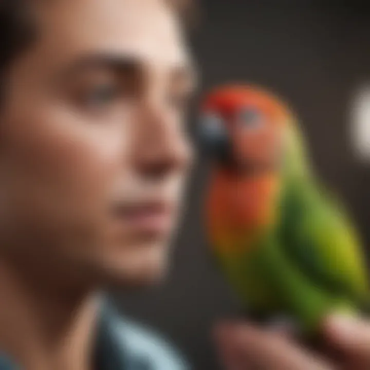 Healthy green cheek conure being examined by a vet