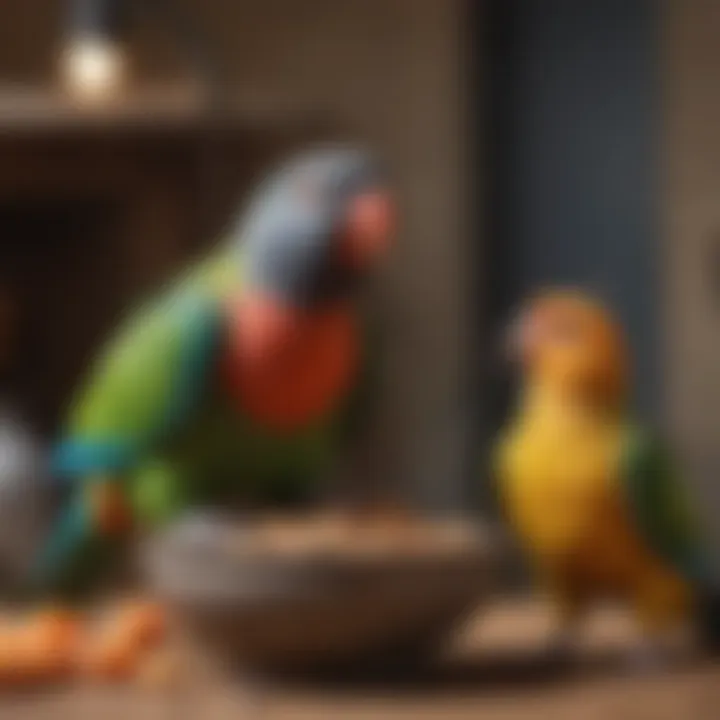 An Indian Ringneck parrot enjoying a meal from a well-prepared feeding dish