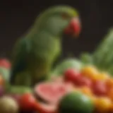 A vibrant assortment of fresh fruits and vegetables suitable for Indian Ringneck parrots