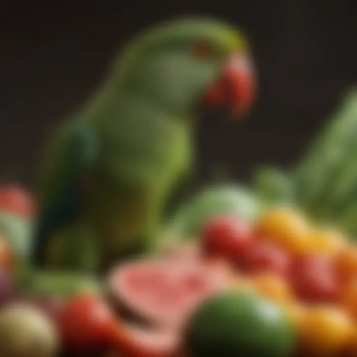 A vibrant assortment of fresh fruits and vegetables suitable for Indian Ringneck parrots