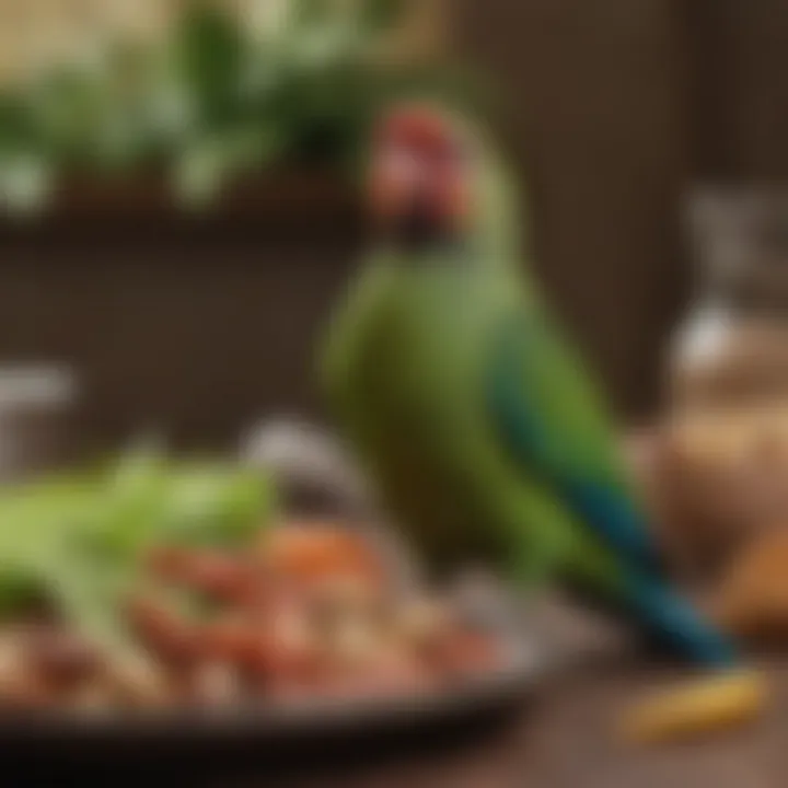 A serene setting showcasing various food options that support the psychological well-being of Indian Ringnecks