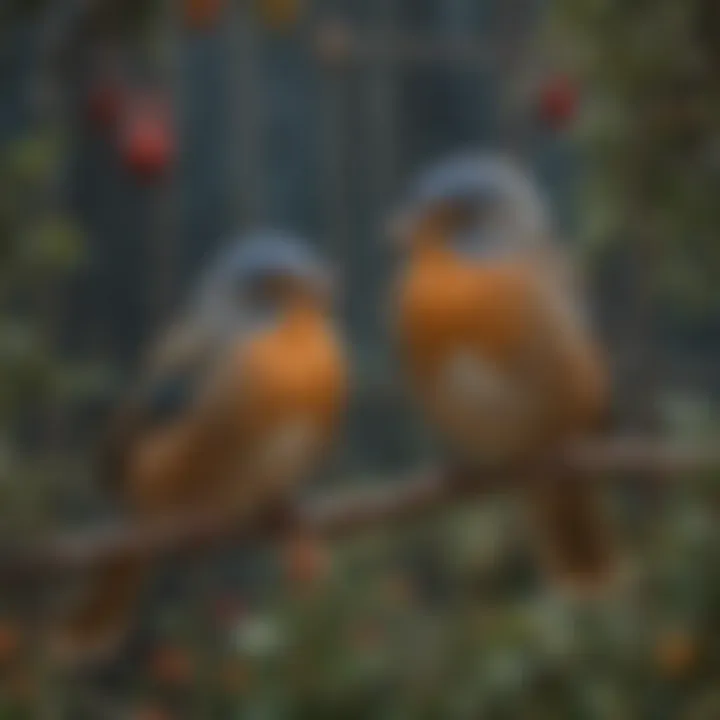 Birds enjoying their time in a large, vibrant cage with natural elements