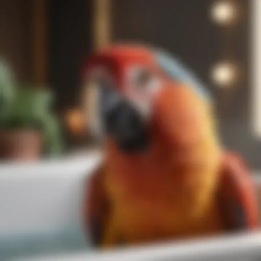 A vibrant large parrot enjoying a refreshing bath in a spacious tub.