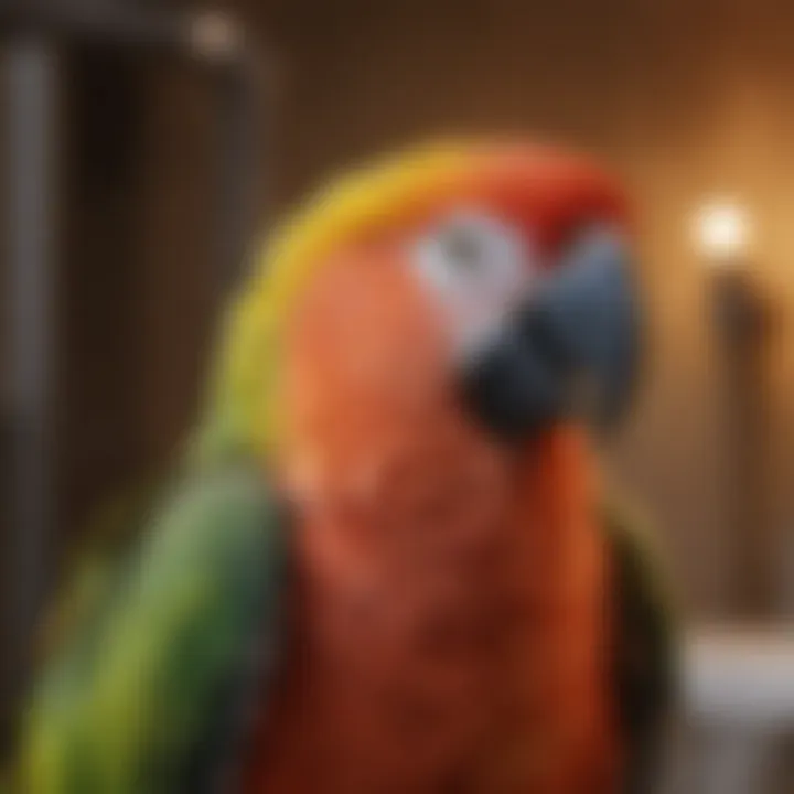 A happy large parrot preening its feathers post-bath, showcasing vibrant plumage.