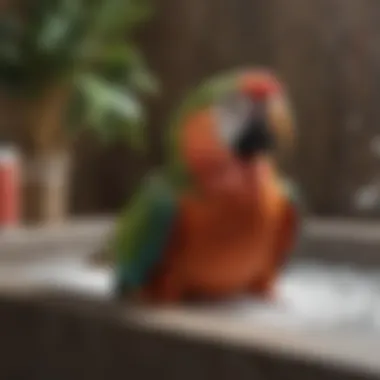 Types of Baths for Large Parrots Various types of bath setups for large parrots, including misting and shallow water.