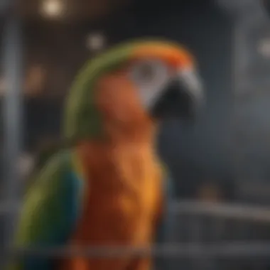 A parrot happily playing inside an appropriately sized cage