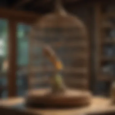 Interior view of a large wooden bird cage with various enrichments for avian comfort.