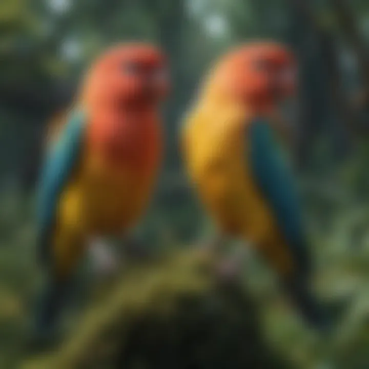 Vibrant love birds perched together in a lush environment