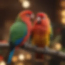 A pair of vibrant lovebirds perched together, showcasing their colorful plumage.