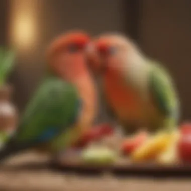 A close-up of a lovebird enjoying a nutritious meal of seeds and fruits.