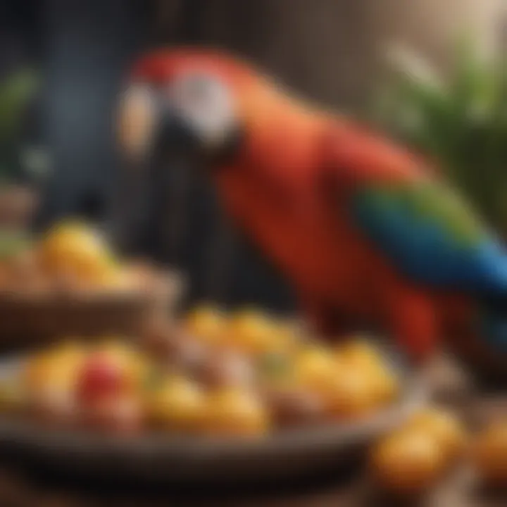 A variety of macaw food options, including fresh fruits and nuts