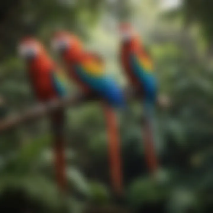 Colorful macaws perched on a branch in a lush environment