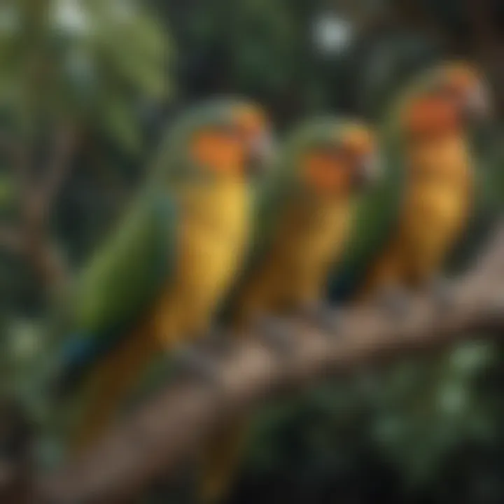 A group of native New Zealand parrots perched on a tree branch.