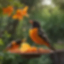 Colorful orioles feeding at a nectar feeder