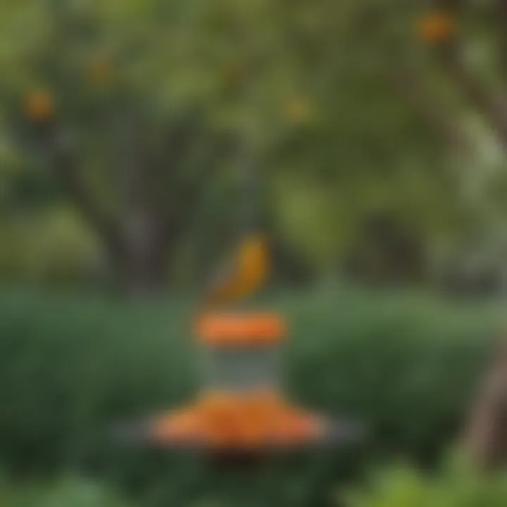 Different types of oriole feeders displayed in a garden