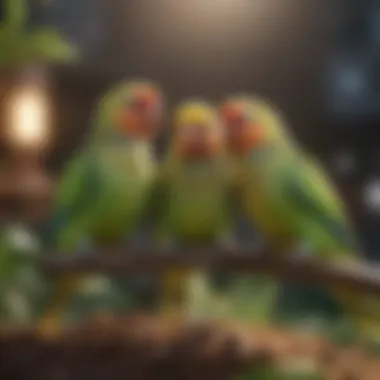 Happy parakeets enjoying outdoor space