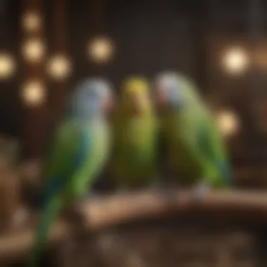 Happy parakeets interacting in their cage