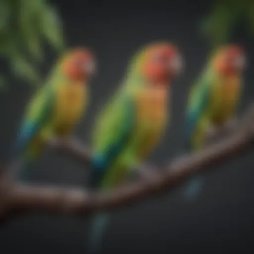 Colorful parakeets perched on a branch