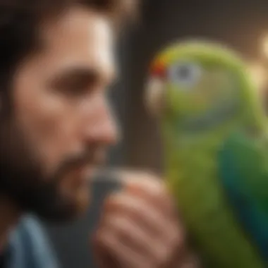 Parakeet interacting with its owner