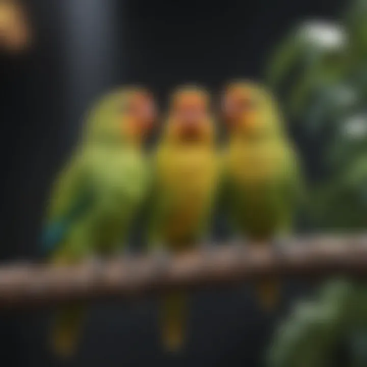 Colorful parakeets perched together