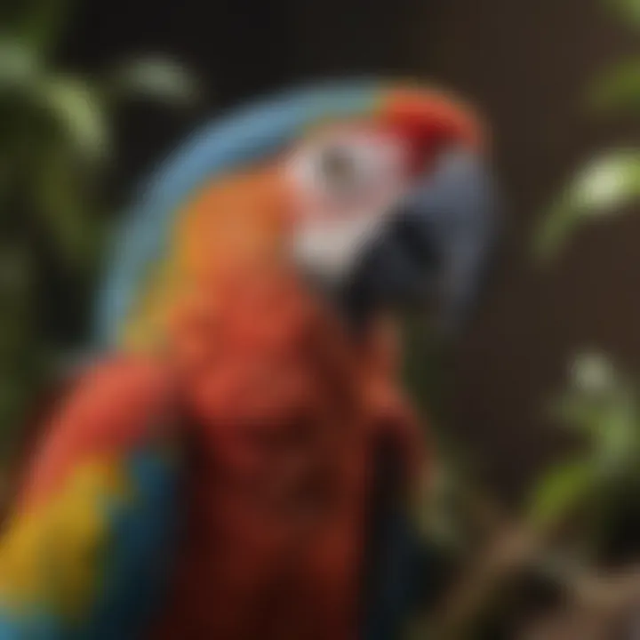 A serene setting with a macaw showcasing its vibrant plumage