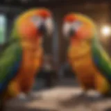 Colorful parrots engaging in interactive training session