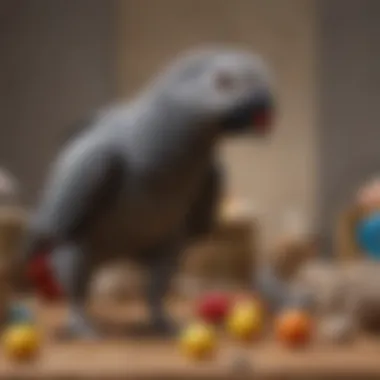 An African Grey Parrot engaging with toys in its habitat