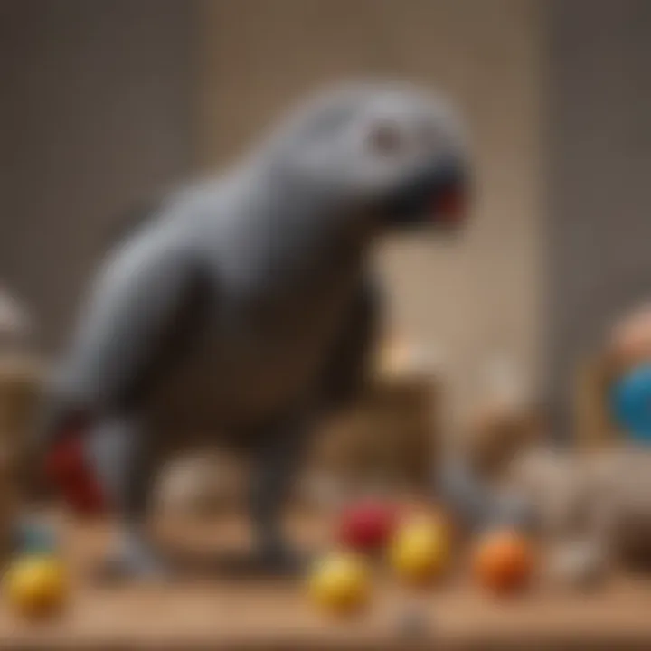 An African Grey Parrot engaging with toys in its habitat