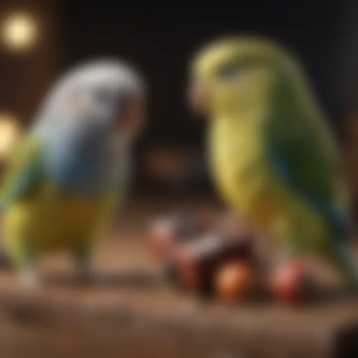 Budgies interacting playfully with toys