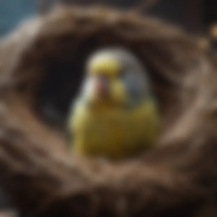 Close-up of a budgie resting in a cozy nest