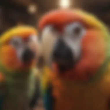 A group of colorful parrots interacting with one another