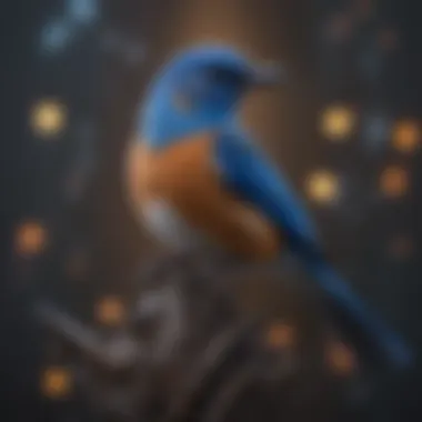 An artistic representation of blue bird names with cultural symbols