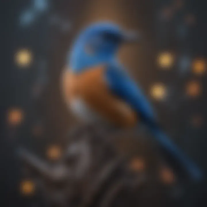 An artistic representation of blue bird names with cultural symbols