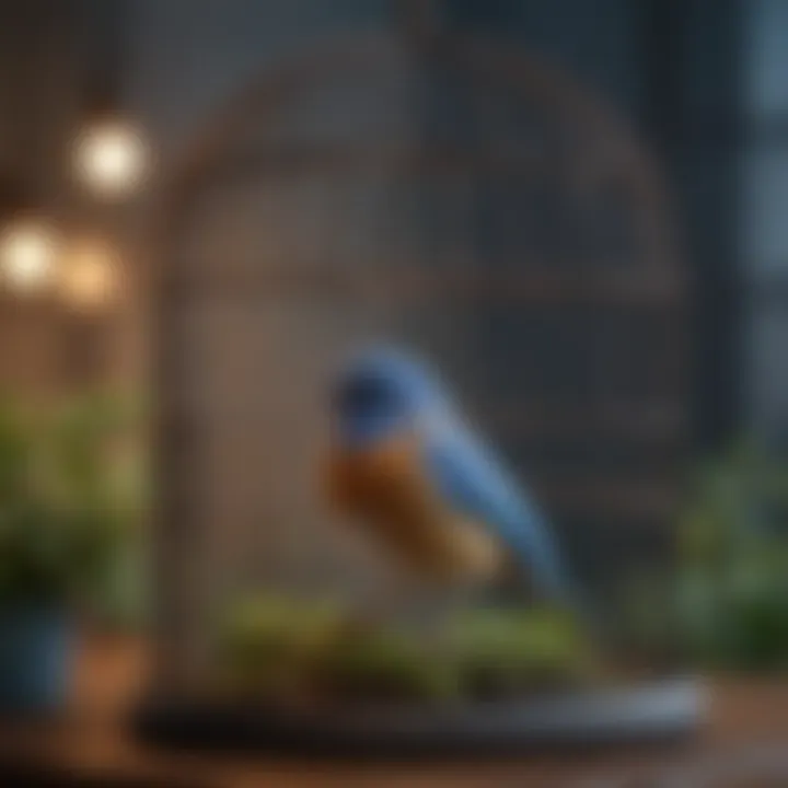 A serene setting with a blue bird in a cozy cage