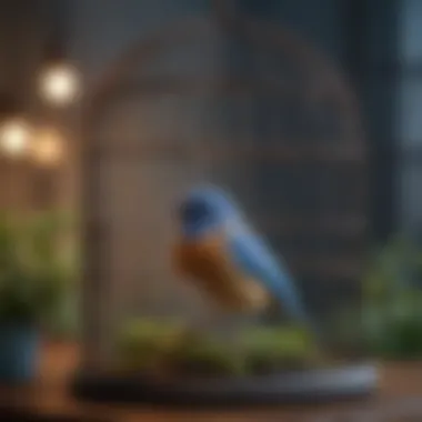 Serene Setting with a Blue Bird in a Cozy Cage A serene setting with a blue bird in a cozy cage